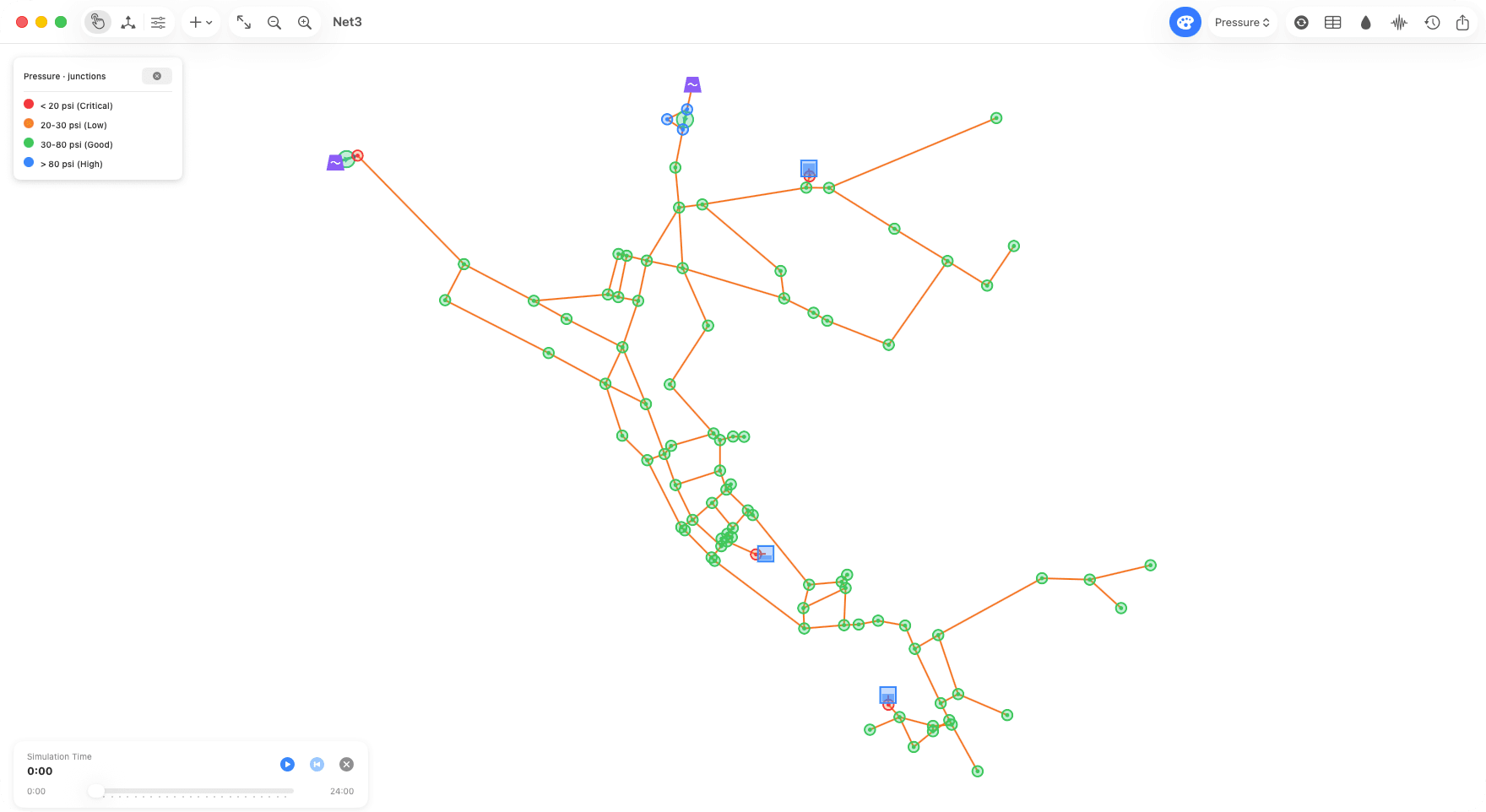 FlowAnalyzer Mac: an example network (EPANET Net3) simulated, junctions colored by pressure