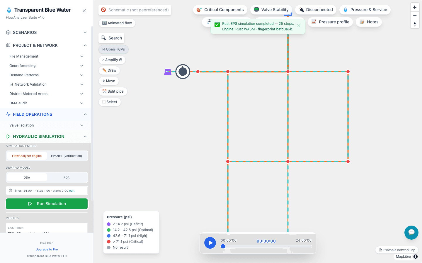 FlowAnalyzer Web solving an example network (EPANET Net1) in the browser with the FlowAnalyzer engine